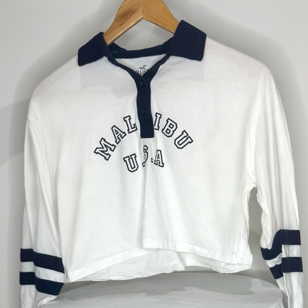 Hollister Malibu USA Cropped Rugby Polo Long Sleeve Shirt - White & Navy